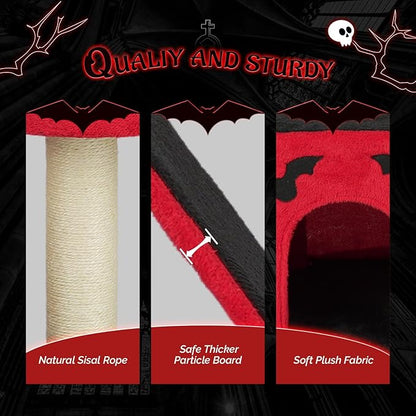VINGLI 27.6in Gothic Cat Tree with Spacious Cat Condo & 2 Padded Perches, Red & Black Cat Tower with Scratching Ladder, Sisal Posts & Spider Toy for Large Cats