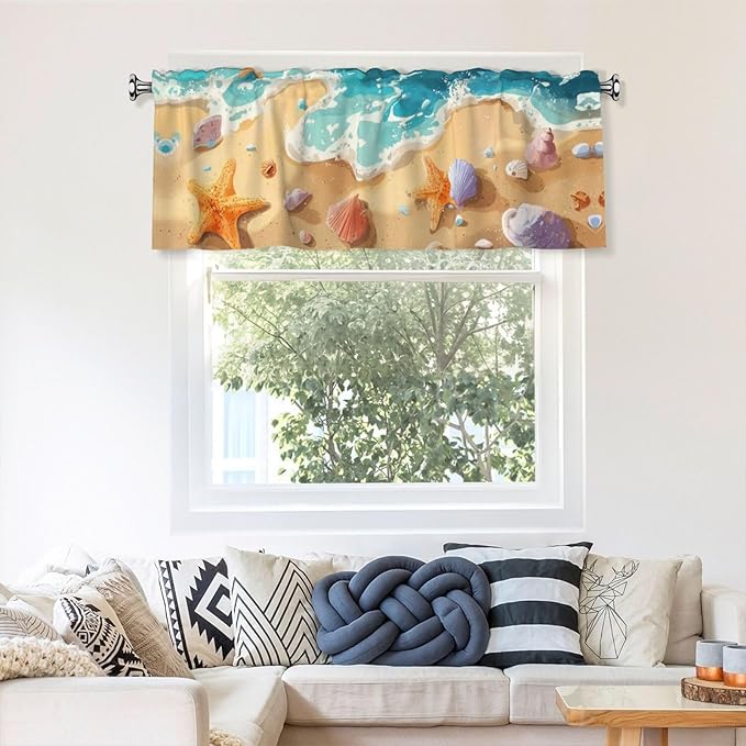 Beach Starfish Curtain Valance Short Rod Pocket Window Treatment for Living Room Bedroom Kitchen Bathroom 1 Panel 54" W x 18" L