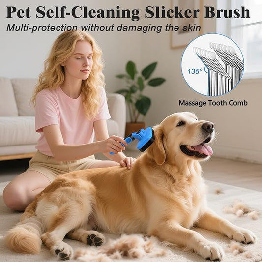 2PCS Self Cleaning Slicker Brush & Dog Comb - Skin Friendly Deshedding Grooming Tool for Dogs, Cats and Small Animals, Professional Deshedding Dematting Tool for Long and Short Haired Pets (Blue)