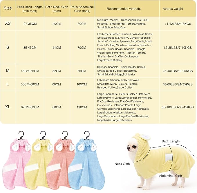 Pet Bathrobe Towel Dog Cat Drying Coat Super Absorbent Cute Dogs Bath Towel Hooded Robe Adjustable Collar & Belly Strap for XSmall to XLarge Pets (Yellow, Large)