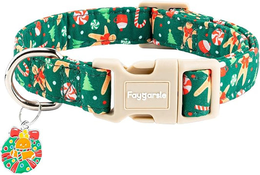 Faygarsle Christmas Dog Collar, Green Gingerbread Pattern, Plastic Buckle with Metal D-Ring, Holiday Pet Accessory, for Small Medium Large Dogs L