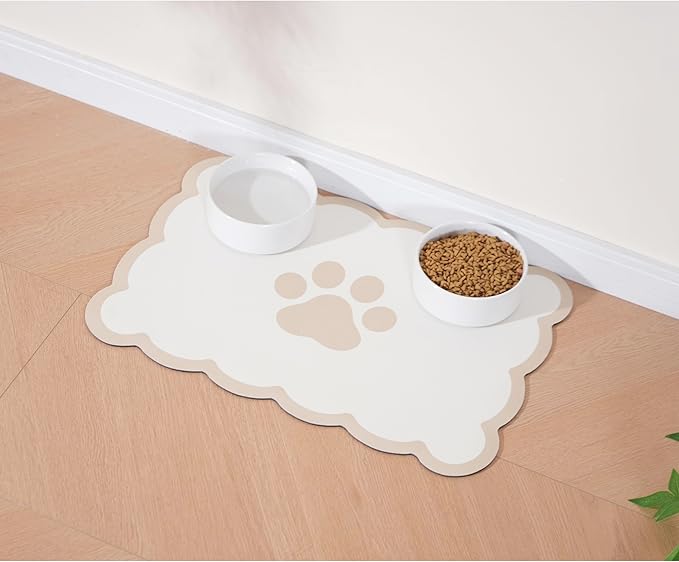 Ralxion Scalloped Dog Feeding Mat, Absorbent Mats for Dog Food and Water Bowl, Dispenser, Cute Elegant Aesthetic Khaki Beige Scallop Pet Placemat for Dogs, Cats, Puppy Accessories, 17" X 24”
