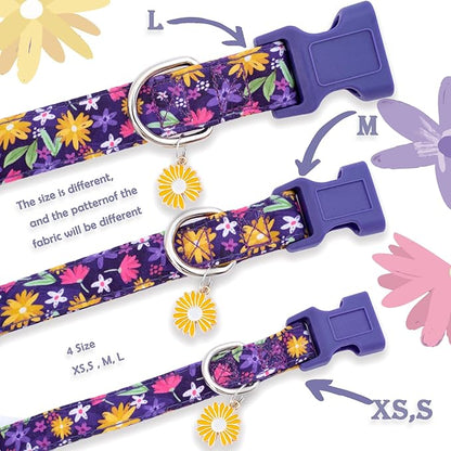 Faygarsle Cotton Dog Collar Cute Dog Collars for Small Medium Large Dogs Purple Yellow Floral Colored Options Soft and Fancy Pet Collars for Girls Flower Pattern for Girl Dog Collar M