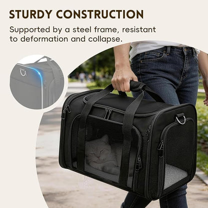 Cat Carrier Soft, Dog Carriers for Small Dogs/Large Cats (Up to 16lbs), with High Breathability, Shoulder Strap, Removable Pad, Pet Carrier Airline Approved, for Home Outdoor Travel (Black)