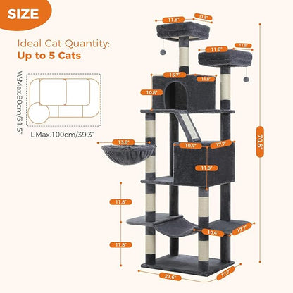 MUTTROS 70.8" Tall Cat Tree for Large Cats, Multi-Level Cat Tower with 8 Sisal Scratching Posts, 2 Top Perches, Big Condo, Large Hammock, and Cat Furniture for Indoor Cats, Dark Gray