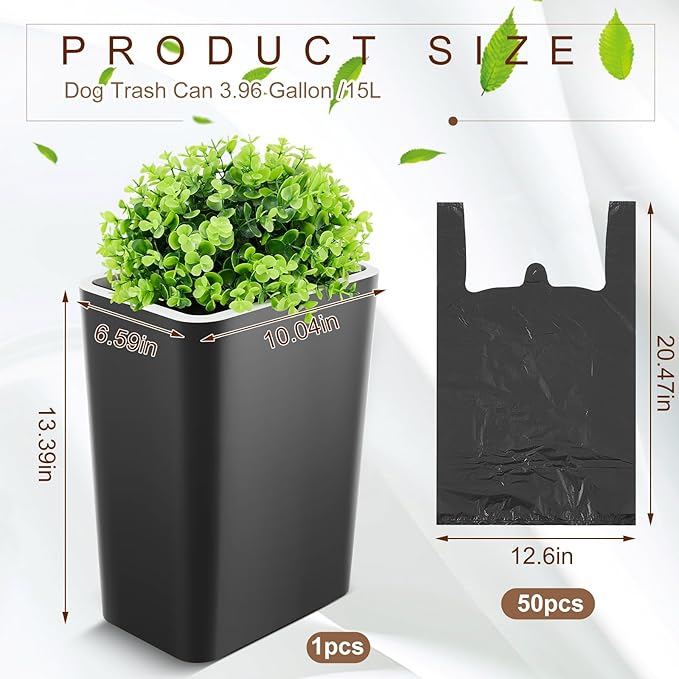 Jingmore Dog Poop Trash Can Outside 3.96 Gal/15 L Plant Styled Dog Waste Trash Can with Lid 50 Pcs Plastic Waste Bags Outdoor Indoor Poop Container Slim Garbage Bin for Yard Garden Pet (Black)