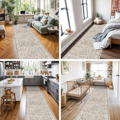 Hallway Washable Runner Rug - 3x10 Kitchen Rugs Entryway Rug Runner Vintage Soft Floor Mat Non Slip Indoor Farmhouse Carpet for Bathroom Living Room Bedroom (3 X 10, Beige)