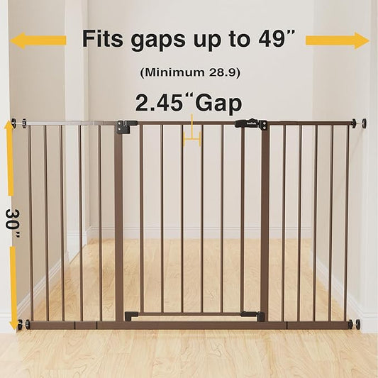 InnoTruth 28.9-49" Baby Gate for Doorways, 30" Tall Extra Wide Doggy Gates for Stairs One-Hand Opening, Easy Walk Thru Dual Lock Dog Gates for The House, Kitchen, Balcony, Easy Install Kid Gate,Brown