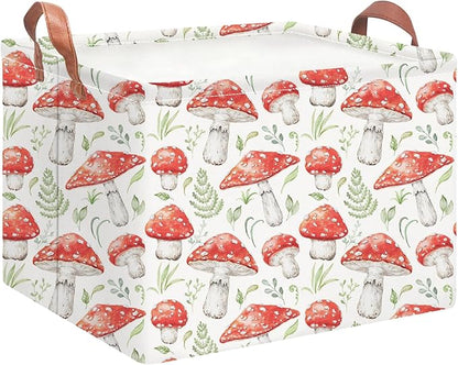 Rectangular Storage Basket Empty,Storage Bin with Handles,Room Decor,Gift Basket,Book Box(Watercolor Mushroom)