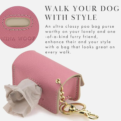 NINA WOOF Leather Poop Bag Holder- Versatile Vegan Leather Waste Bag Holder for Dog Poop, Accessories, & Leash, Reusable Pet Waste, Trash, Pet Diaper & Poop Bags Small Pouch Holder (Pink)