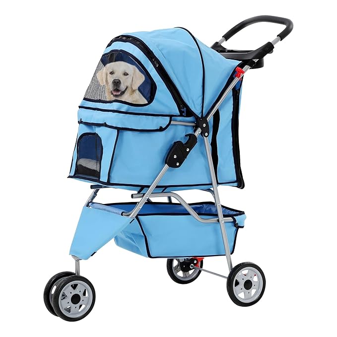Pet Stroller for Small Medium Dogs & Cats,3-Wheel Breathable Compact Foldable Dog Carrier with Storage Basket, Outdoor Portable Lightweight Travel Stroller for Camping,Blue