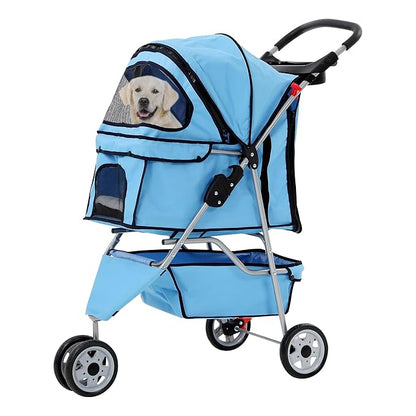 Pet Stroller for Small Medium Dogs & Cats,3-Wheel Breathable Compact Foldable Dog Carrier with Storage Basket, Outdoor Portable Lightweight Travel Stroller for Camping,Blue