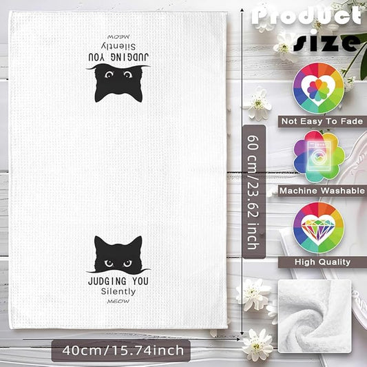 Silent Judgement Cat Kitchen Towels - Quick-Dry Whimsical Observer Feline Art Hand Cloth, Decorative Dish Towel with Observing Pet Design for Cat Ladies & Pet Moms | Amusing Home Accent & Novelty Gift