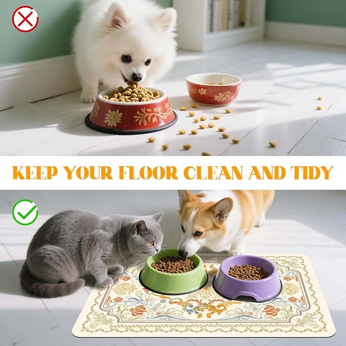 Dog Food Mat Absorbent,16"×24" Pet Mat for Floors Waterproof Quick Dry Dog Bowl Mat for Food and Water No Stains Non Slip Cat Feeding Mat Pet Supplies Beige Persian Style
