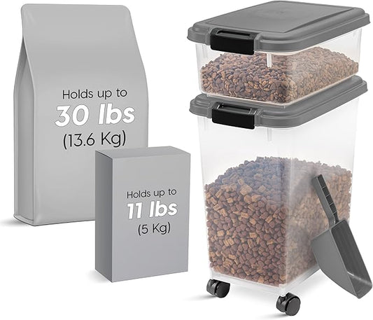 IRIS USA 30 lbs & 11 lbs Combo Airtight Dog Food Storage Container, Stackable Treat Box, 2-Cup Scoop, Wheels, Keep Fresh, Easy Mobility, Dark Gray