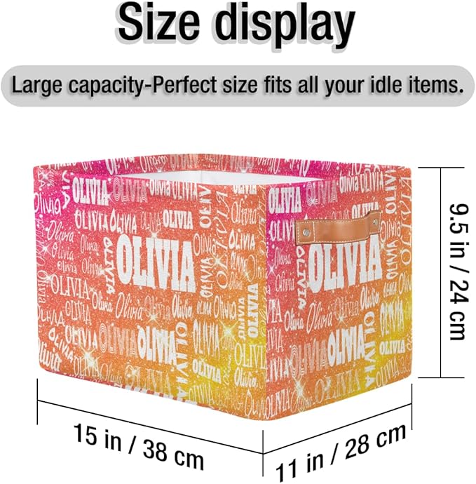 Personalized Storage Basket with Name, Rectangle Toys Storage Bin with Handles for Baby, Boys, Girls, Collapsible Basket for Clothes, Books, Shiny Glitter Starry Red Orange