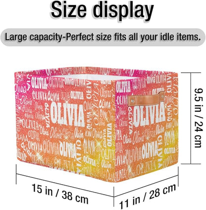 Personalized Storage Basket with Name, Rectangle Toys Storage Bin with Handles for Baby, Boys, Girls, Collapsible Basket for Clothes, Books, Shiny Glitter Starry Red Orange