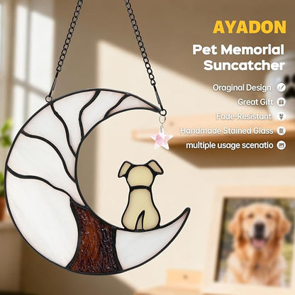 Dog Memorial Suncatcher, Handmade Stained Glass Window Haninging Suncatcher, Pet Memorial Gift for Cat Loss, Sympathy Valentine's Day Gift with Moon & Tree of Life for Pet Lovers