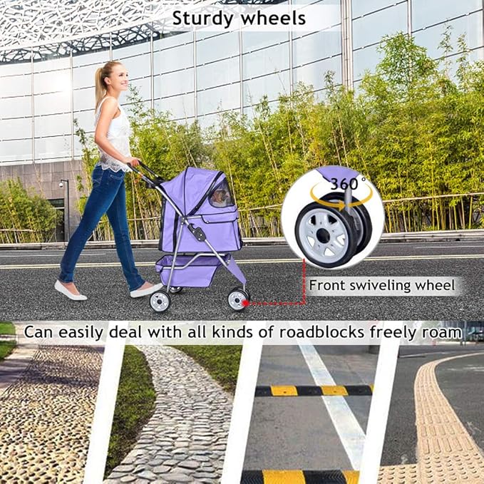 Dkeli 3-Wheel Pet Stroller, Lightweight Foldable Dog Stroller for Small Medium Dogs & Cats, Breathable Mesh & Weather Cover with Storage Basket, for Daily Walk Outdoor Travel (Purple)