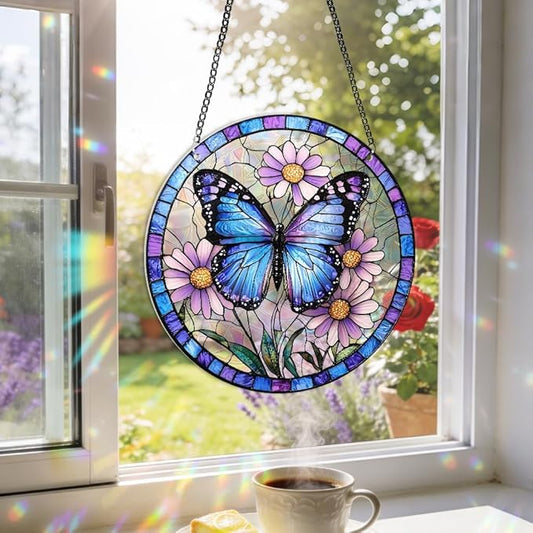 8 Inchacrylic Window Hanging, Forget Me Not Flower Stained Glass Suncatcher, Window Decor, Plant Lover Gift for Women, Best Friend, Family, Colleague, Classmate (232)