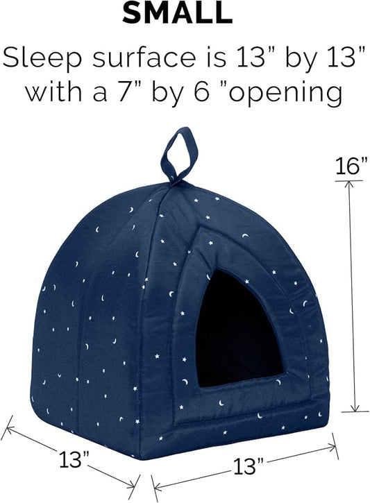Furhaven Cat Bed Cave for Indoor Cats & Small Dogs, Washable & Foldable w/ Removable Cushion - Polycanvas Print Pet Tent - Night Sky, Small