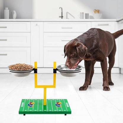 NCAA Kansas Jayhawks Goalpost Football Field Dog Feeder – Adjustable Elevated Dog Bowls with Stand, 2 Stainless Steel Bowls, Non-Slip Rubber Feet, Raised Pet Feeder for Large & Small Dogs