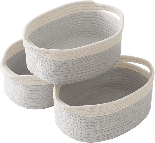 Woven Basket,Small Rope Storage Bin with Handles & Ribbon Bag, Organizer for Shelves Closets,Gift Basket Empty for Birthday,Books,Dog Toys, White&Grey/3 Pack
