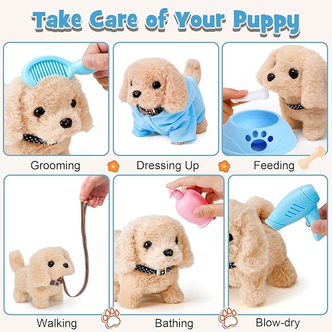 14pcs Robot Dog Toys for Kids Girls Boys 3-6, Realistic Electronic Interactive Plush Toy Dog with Walk & Bark, Pretend Play Puppy Pet Care Playset, 3 4 5 6 Year Old Girl Birthday Gift Ideas