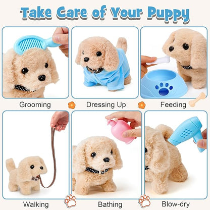 14pcs Robot Dog Toys for Kids Girls Boys 3-6, Realistic Electronic Interactive Plush Toy Dog with Walk & Bark, Pretend Play Puppy Pet Care Playset, 3 4 5 6 Year Old Girl Birthday Gift Ideas