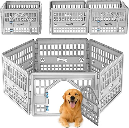 DRATO Dog Pet Playpen Gate for Dogs Cats Safe Secure Indoor Outdoor Pet Fence with Gate Easy to Clean Keep Pets Secure (Gray, 67.24 * 67.24 * 23.7, 6)