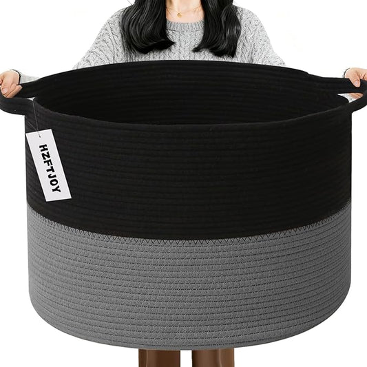 65L Large Blanket Basket,19.7" L x 19.7" W x 13" H Rope Woven Baskets with Handles, Toys Storage Bins,Laundry Basket Perfect for Living Room, Nursery,Bedroom,Home Organization,Black&Dark Grey