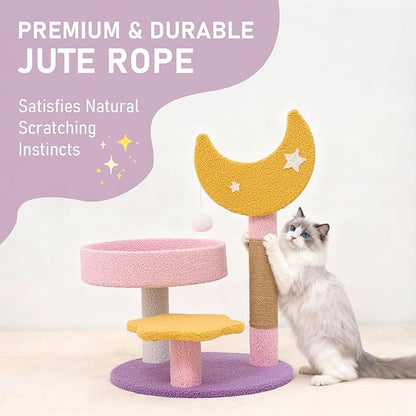 Small Cat Tree, Moon Star Cat Tree Built-in Scratching Post and Bed, 23.5 in Purple Pink Cute Kitten Tower Cozy Fluffy Kitten Condo for Indoor Activity