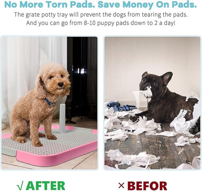 Dog Potty Tray Toilet 20"x14" Doggy Bathroom Dog Litter Box, Indoor Pee Pad Holder with 8pcs Training Pads, Puppy Pee Mesh Potty Training Tray with Secure Latch, Potty Pan for Small Medium Puppies