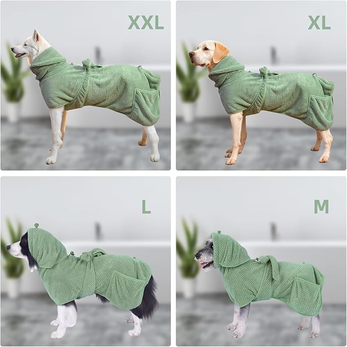 Super Absorbent Dog Bathrobe Pineapple Soft Fast Drying Dogs Towel Robe Adjustable Drying Coat for After Bath with Hood (Pineapple Green, Large)