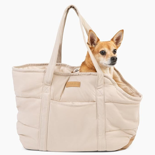 Plush Dog Purse Carrier for Small Dogs, Soft Dog Tote Bag with Safety Harness Clip, Cozy Pet Carrier for Dogs Under 15 lbs, Comfortable Dog Shoulder Carrier for Travel, White