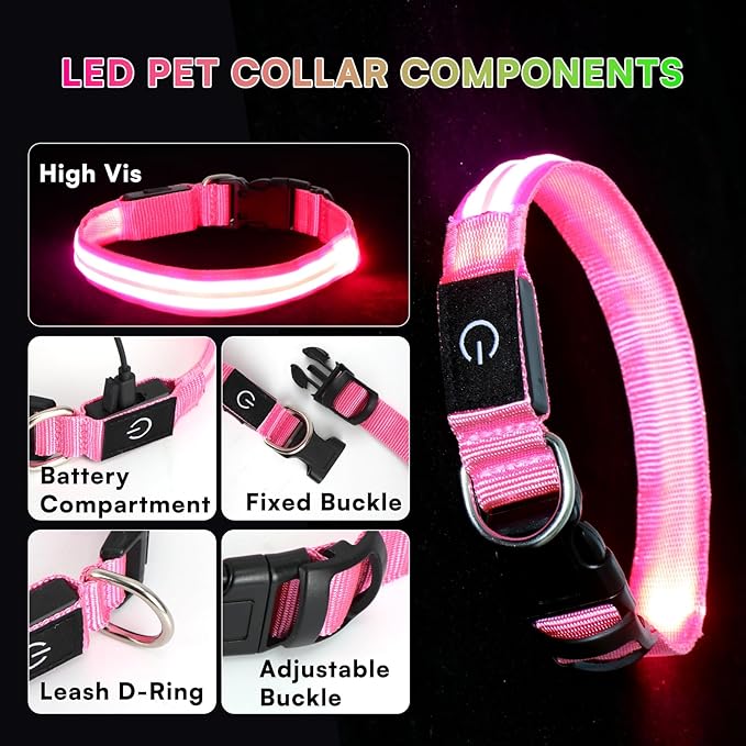 LED Light Up Dog Collar for Night Walking, Rechargeable Safety Glow Illuminated Collar with 3 Modes Flashing, Reflective Adjustable Pet Light for Small/Medium Dogs Puppy 15-19" Neck 1 Pack (Pink)