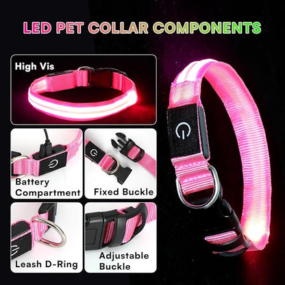 LED Light Up Dog Collar for Night Walking, Rechargeable Safety Glow Illuminated Collar with 3 Modes Flashing, Reflective Adjustable Pet Light for Small/Medium Dogs Puppy 15-19" Neck 1 Pack (Pink)