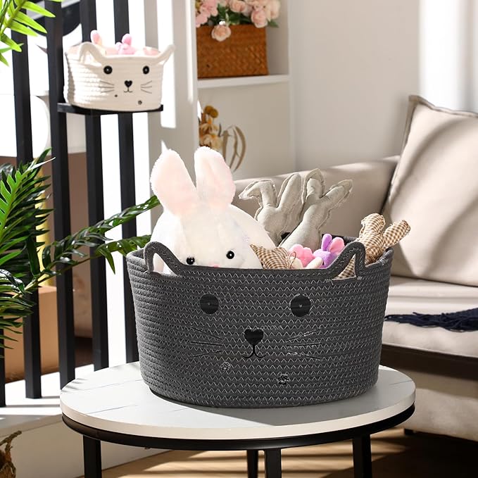 Zopeal Cat Basket Storage Woven Organizer with Ears Easter Decorative Pet Toy Cute Cotton Rope Basket for Gift Cat Dog Toy Bin Nursery Room(13.7 x 7.8 Inch,Dark Grey)