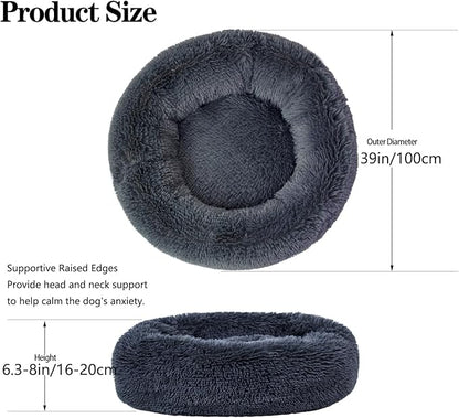 Calming Dog Bed for Big Dogs, 39'' Round Anti-Anxiety Warm Fluffy Plush Faux Fur Bed, Soft Anti-Slip Donut Washable Big Pet Bed, Cozy Big Dogs Bed, Fits up to 100 lbs Pets