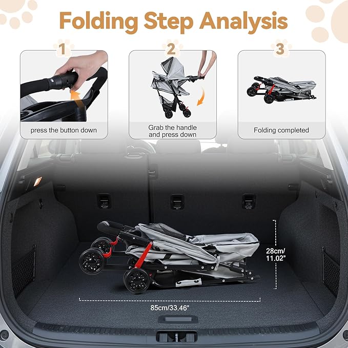 4 Wheels Pet Stroller for Medium Small Dog up to 50lbs, Dog Cat Stroller, Outdoor Travel Pet Folding Strollers with Cup Holder, Detachable Carrier, Breathable Visible Mesh (Grey Upgraded)