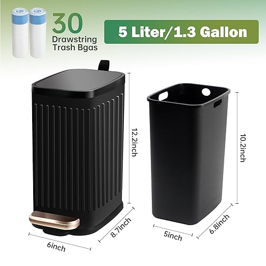 Small Dog Poop Trash Can Outside with Odor Filter, 1.3 Gal Stainless Steel Outdoor Dog Waste Trash Can,Metal Poop Bucket Container with Lid for Cat Poop Backyard Patios, 30 Bags(Black)
