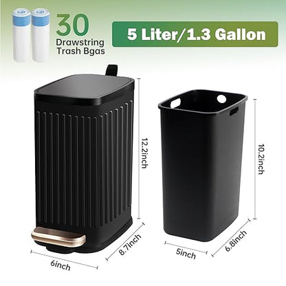Small Dog Poop Trash Can Outside with Odor Filter, 1.3 Gal Stainless Steel Outdoor Dog Waste Trash Can,Metal Poop Bucket Container with Lid for Cat Poop Backyard Patios, 30 Bags(Black)