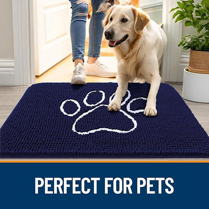 OLANLY Dog Door Mat for Muddy Paws 24x16, Paw Print Design, Absorbs Moisture and Dirt, Absorbent Non-Slip Washable Doormat, Quick Dry Chenille Mud Mat for Dogs, Entry Indoor Entryway Carpet, Navy Blue