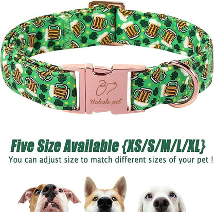 St. Patrick's Day Dog Collar, Beer & Clover Green Dog Collars, Adjustable Heavy Duty Irish Shamrock Pet Collar for Small Medium Large Dogs with Metal Buckle S