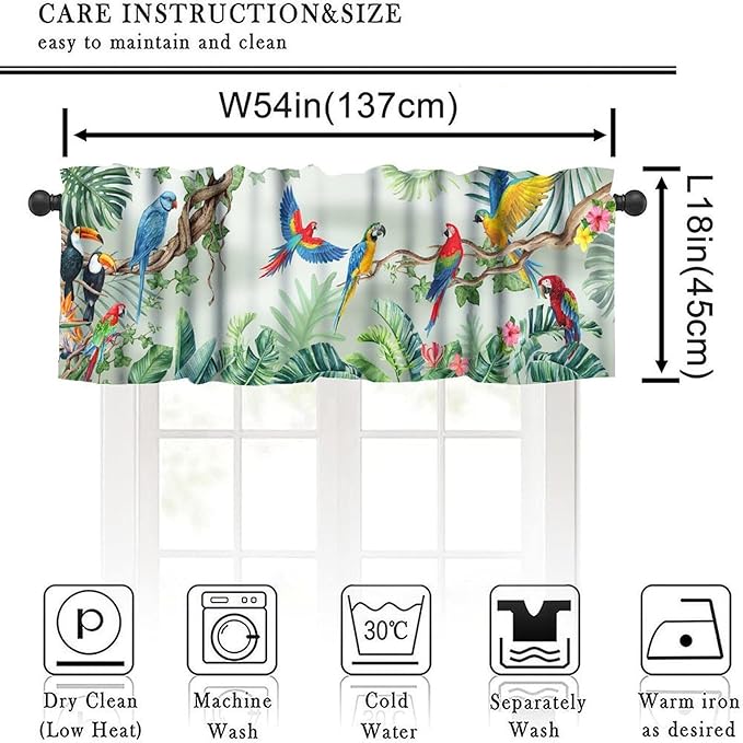 Tropical Birds Window Valance Curtains, Asian Oriental Bird Parrot Leaves Watercolor Boho Floral Plant Nature Spring Summer Valance Curtain for Farmhouse Bedroom Living Room Kitchen 54x18inch