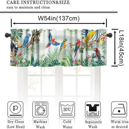 Tropical Birds Window Valance Curtains, Asian Oriental Bird Parrot Leaves Watercolor Boho Floral Plant Nature Spring Summer Valance Curtain for Farmhouse Bedroom Living Room Kitchen 54x18inch