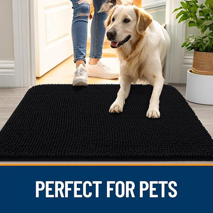 OLANLY Dog Door Mat for Muddy Paws 32x20, Absorbs Moisture and Dirt, Absorbent Non-Slip Washable Doormat, Quick Dry Chenille Mud Mat for Dogs, Entry Indoor Entryway Carpet for Inside Floor, Black