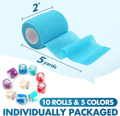 Lotfancy 10 Rolls Self Adhesive Vet Wrap, 2 Inch Cohesive Bandage Wrap for Wound Care, Elastic Pet Tape for Dogs, Cats, Horses, Breathable Medical First Aid Tape for Paw, Leg, Foot, Assorted Colors