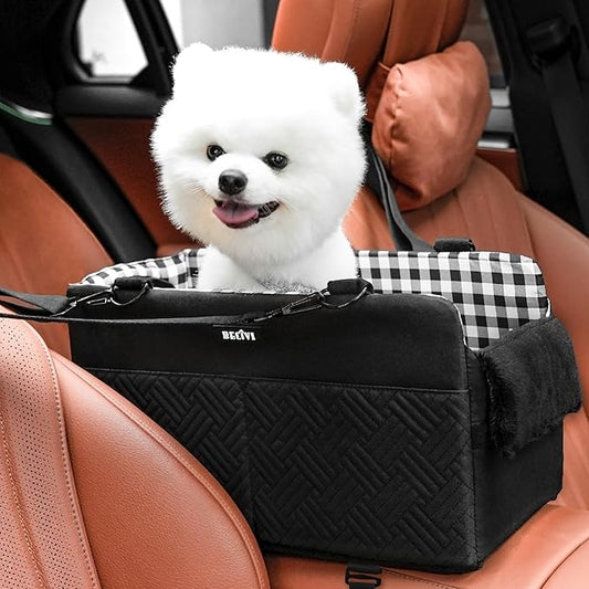 Console Dog Car Seat for Small Dogs Cats Up to 12lbs, Anti-Collapse Pet Armrest Booster Seat with Soft Pillow,Non-Slip Seat Rails Hooks & Safety Belt, Portable Car Accessories for Pets Travel