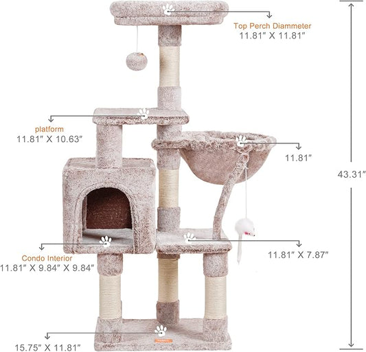 Heybly Cat Tree with Toy, Cat Tower Condo for Indoor Cats, Cat House with Padded Plush Perch, Cozy Hammock and Sisal Scratching Posts, Muchroom HCT004SMU